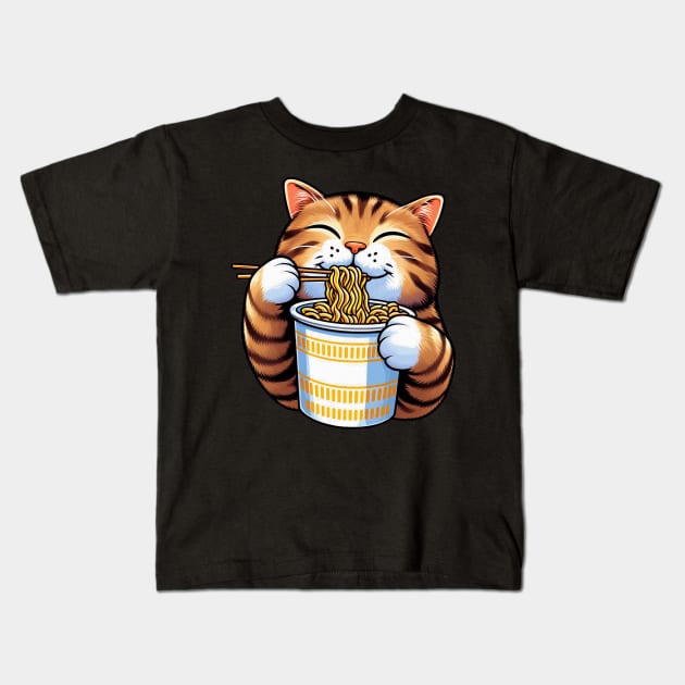 Tabby Cat Eating Instant Noodles Kids T-Shirt by Plushism